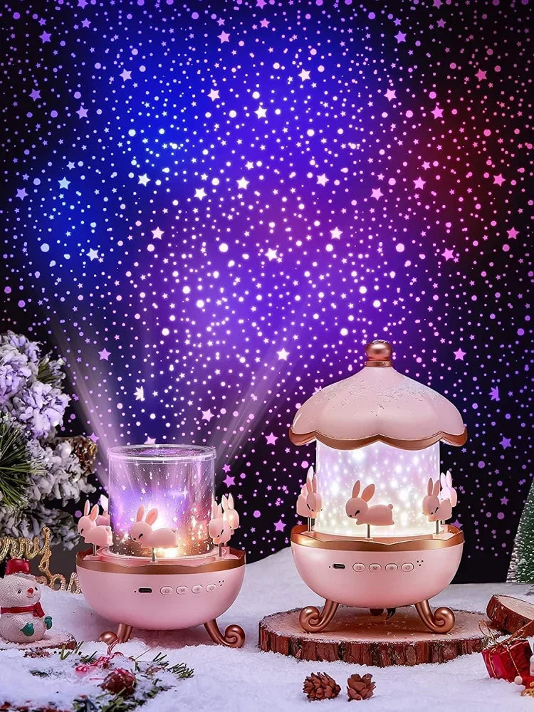 Cute Bunny Carousel Galaxy Star Projector – Rotating Night Light Lamp for Kids Room
