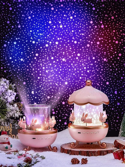 Cute Bunny Carousel Galaxy Star Projector – Rotating Night Light Lamp for Kids Room