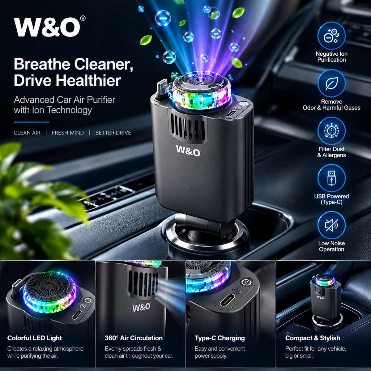 W&O Car Air Purifier – Advanced Negative Ion Air Purifier with RGB LED Light