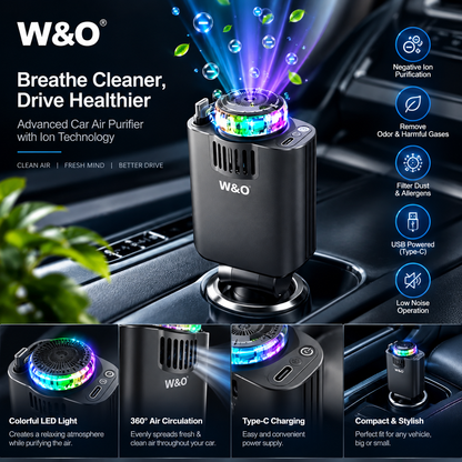 W&O Car Air Purifier – Advanced Negative Ion Air Purifier with RGB LED Light