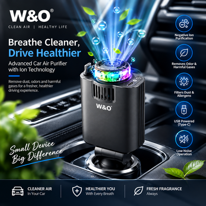 W&O Car Air Purifier – Advanced Negative Ion Air Purifier with RGB LED Light