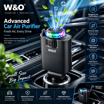 W&O Car Air Purifier – Advanced Negative Ion Air Purifier with RGB LED Light