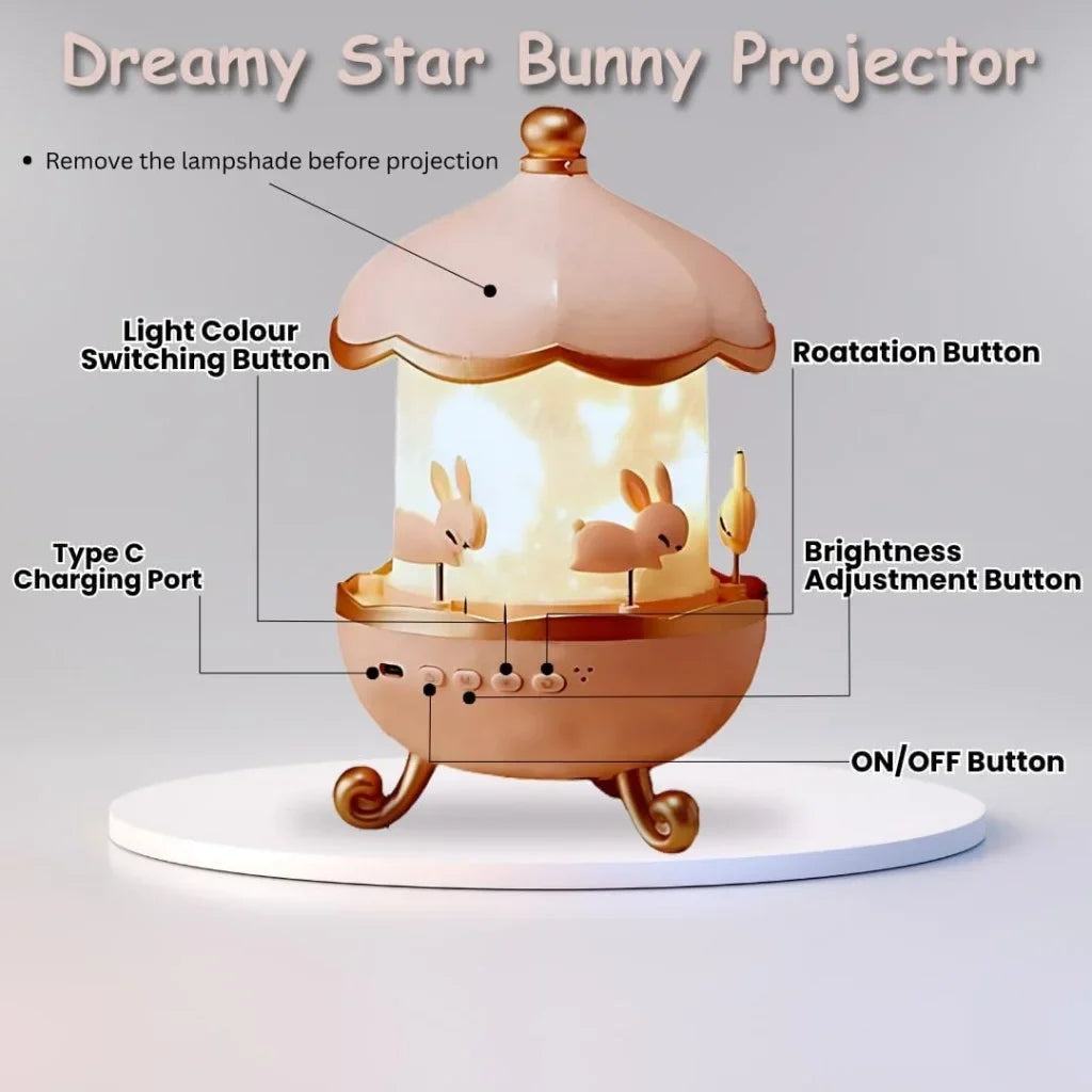 Cute Bunny Carousel Galaxy Star Projector – Rotating Night Light Lamp for Kids Room