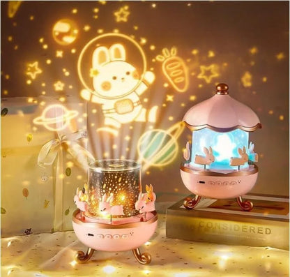 Cute Bunny Carousel Galaxy Star Projector – Rotating Night Light Lamp for Kids Room